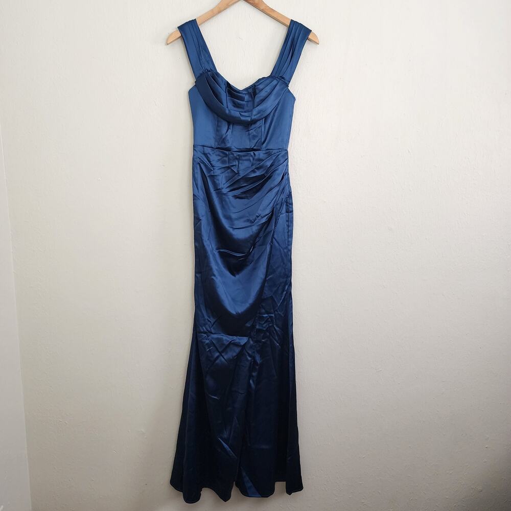 Lulus Stunning Arrival Dark Teal Satin Off-The-Shoulder Maxi Dress Gown XS NEW - Picture 6 of 14